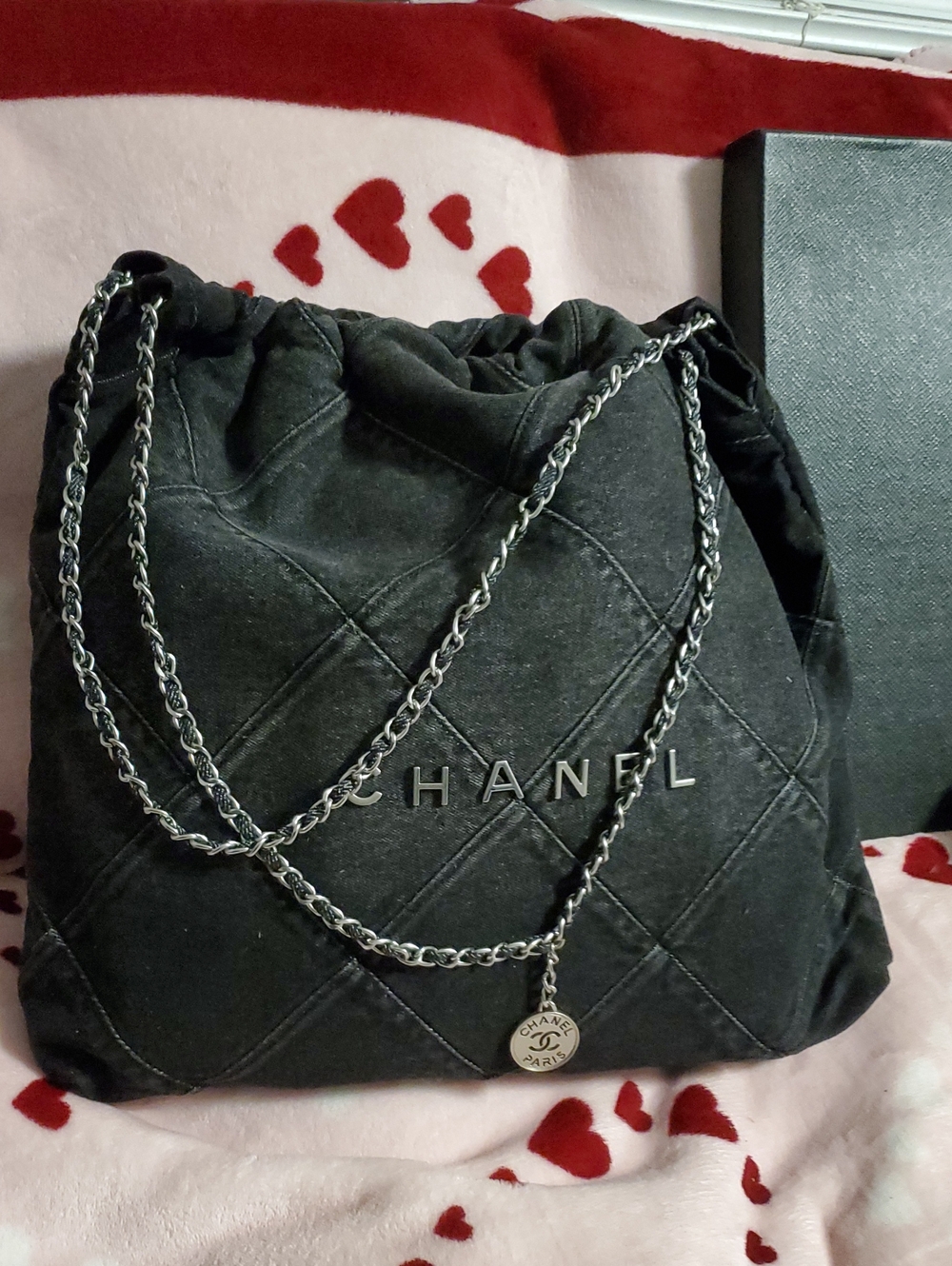 CC Black Jean quilted Drawstring Shoulder Bag with Chain Strap